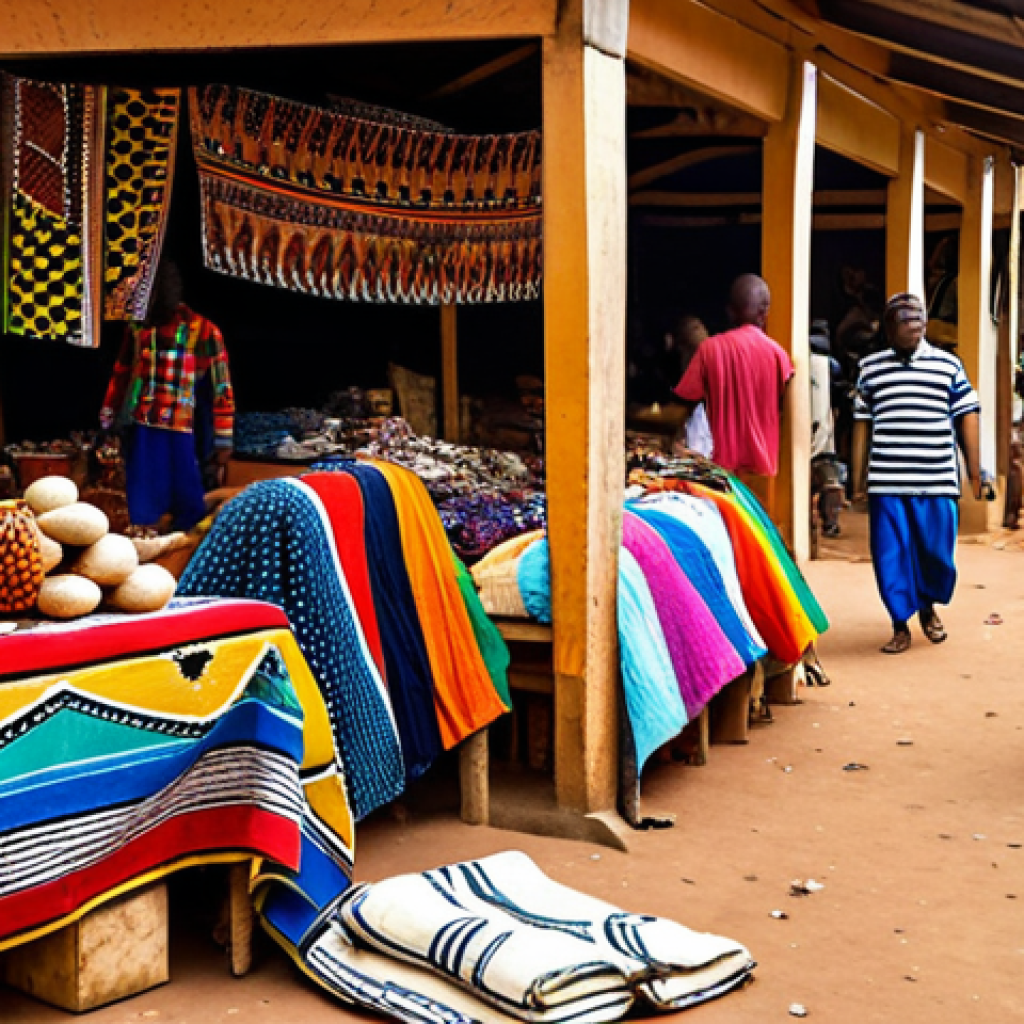 A vibrant market scene in Côte d'Ivoire, filled with colorful textiles, intricate wood carvings, and bustling vendors. Capture the essence of Baoulé art and craftsmanship in the foreground.