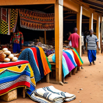 A vibrant market scene in Côte d'Ivoire, filled with colorful textiles, intricate wood carvings, and bustling vendors. Capture the essence of Baoulé art and craftsmanship in the foreground.