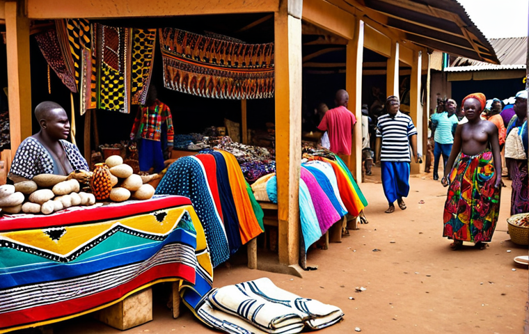 A vibrant market scene in Côte d'Ivoire, filled with colorful textiles, intricate wood carvings, and bustling vendors. Capture the essence of Baoulé art and craftsmanship in the foreground.