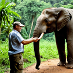 **

"A wildlife enthusiast, fully clothed in modest safari attire, observing elephants in Tai National Park, Ivory Coast. The scene captures the lush rainforest environment. Safe for work, appropriate content, professional nature photography, perfect anatomy, natural pose, well-formed hands, proper finger count, family-friendly."

**