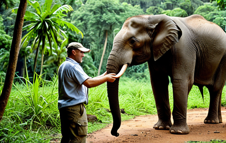 **
"A wildlife enthusiast, fully clothed in modest safari attire, observing elephants in Tai National Park, Ivory Coast. The scene captures the lush rainforest environment. Safe for work, appropriate content, professional nature photography, perfect anatomy, natural pose, well-formed hands, proper finger count, family-friendly."
**