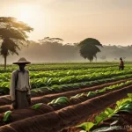 코트디부아르 독립운동과 주요 인물 - **Prompt:** A historical scene depicting Ivorian farmers working diligently in vast cocoa or coffee ...