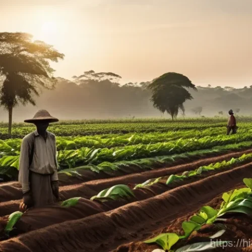 코트디부아르 독립운동과 주요 인물 - **Prompt:** A historical scene depicting Ivorian farmers working diligently in vast cocoa or coffee ...