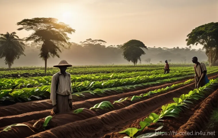 코트디부아르 독립운동과 주요 인물 - **Prompt:** A historical scene depicting Ivorian farmers working diligently in vast cocoa or coffee ...