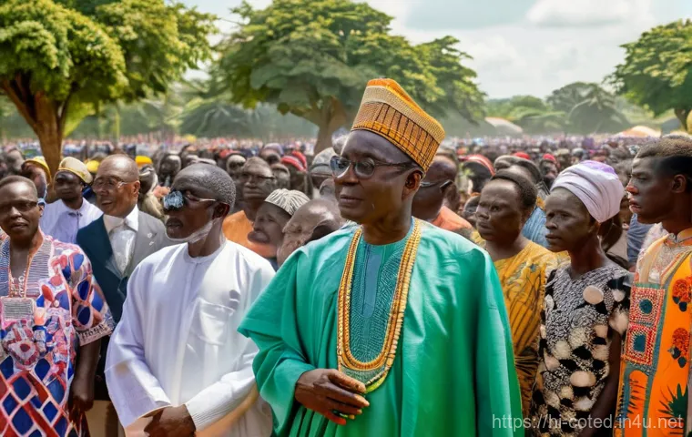코트디부아르 독립운동과 주요 인물 - **Prompt:** A historical scene depicting Ivorian farmers working diligently in vast cocoa or coffee ...