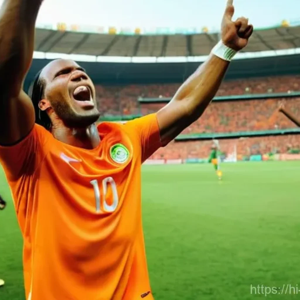 코트디부아르 유명 축구 선수 - **Prompt:** A powerful and iconic image of Didier Drogba, wearing the Côte d'Ivoire national footbal...