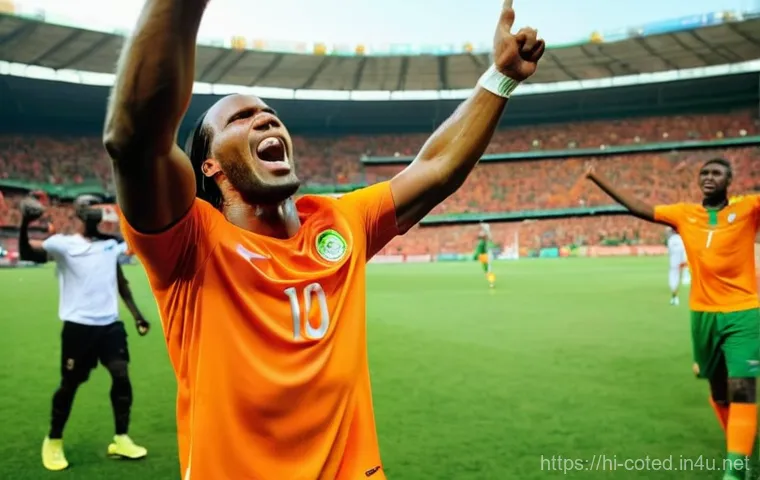 코트디부아르 유명 축구 선수 - **Prompt:** A powerful and iconic image of Didier Drogba, wearing the Côte d'Ivoire national footbal...