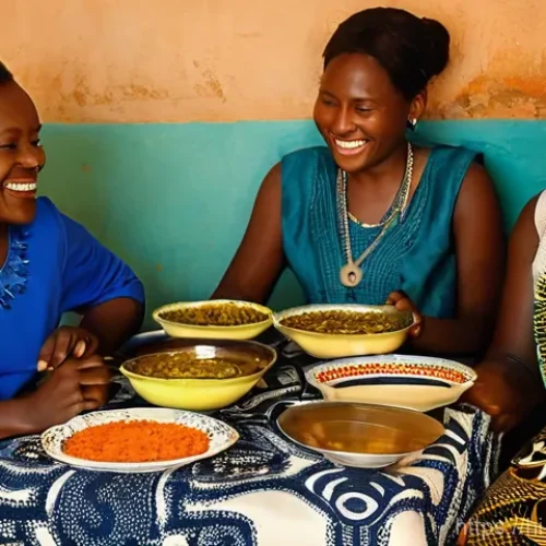 코트디부아르 교환학생 프로그램 - **Cultural Immersion and Warm Welcome:**
    "A vibrant and heartwarming scene inside a traditional ...