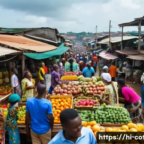 코트디부아르 시민권 취득 방법 - **Vibrant Abidjan Market Scene**: A wide-angle, lively shot of a bustling open-air market in Abidjan...