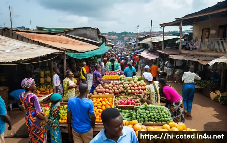 코트디부아르 시민권 취득 방법 - **Vibrant Abidjan Market Scene**: A wide-angle, lively shot of a bustling open-air market in Abidjan...