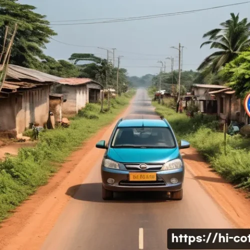 코트디부아르에서 자동차 렌트하기 - A detailed street scene in Côte d'Ivoire showing a contrast between urban and rural road conditions:...