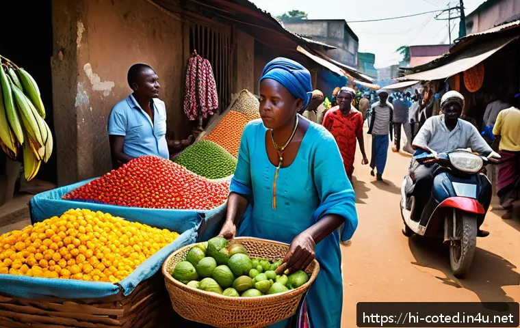 코트디부아르 현지인과 소통하는 법 - A vibrant local market scene in Côte d'Ivoire featuring colorful narrow alleys filled with small sta...