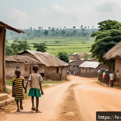 Home 17 코트디부아르 빈곤율과 경제격차 - A detailed, realistic illustration of a rural village in Côte d'Ivoire showing social and economic d...