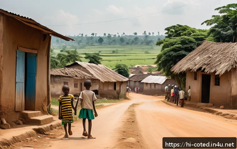 코트디부아르 빈곤율과 경제격차 - A detailed, realistic illustration of a rural village in Côte d'Ivoire showing social and economic d...