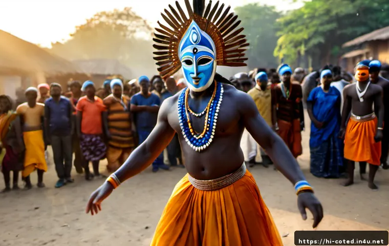 Home 17 코트디부아르 마스크 축제 - Photorealistic Ivory Coast mask festival procession in a sunlit village clearing, a ceremonial dance...