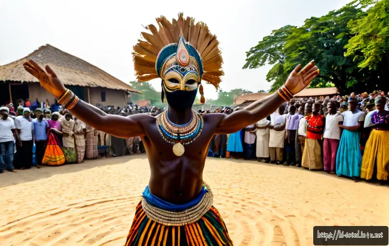 Home 17 코트디부아르 유명 축제 - Photorealistic cultural festival in Côte d’Ivoire, a Dan masked dancer in an intricate carved wooden...