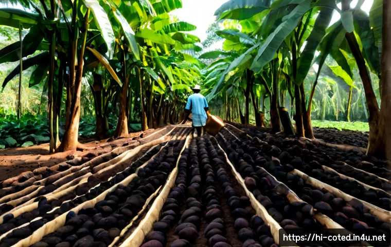 코트디부아르 농업 경제 - Photorealistic wide-angle view of Ivory Coast cocoa agriculture, ripe orange cocoa pods growing on s...